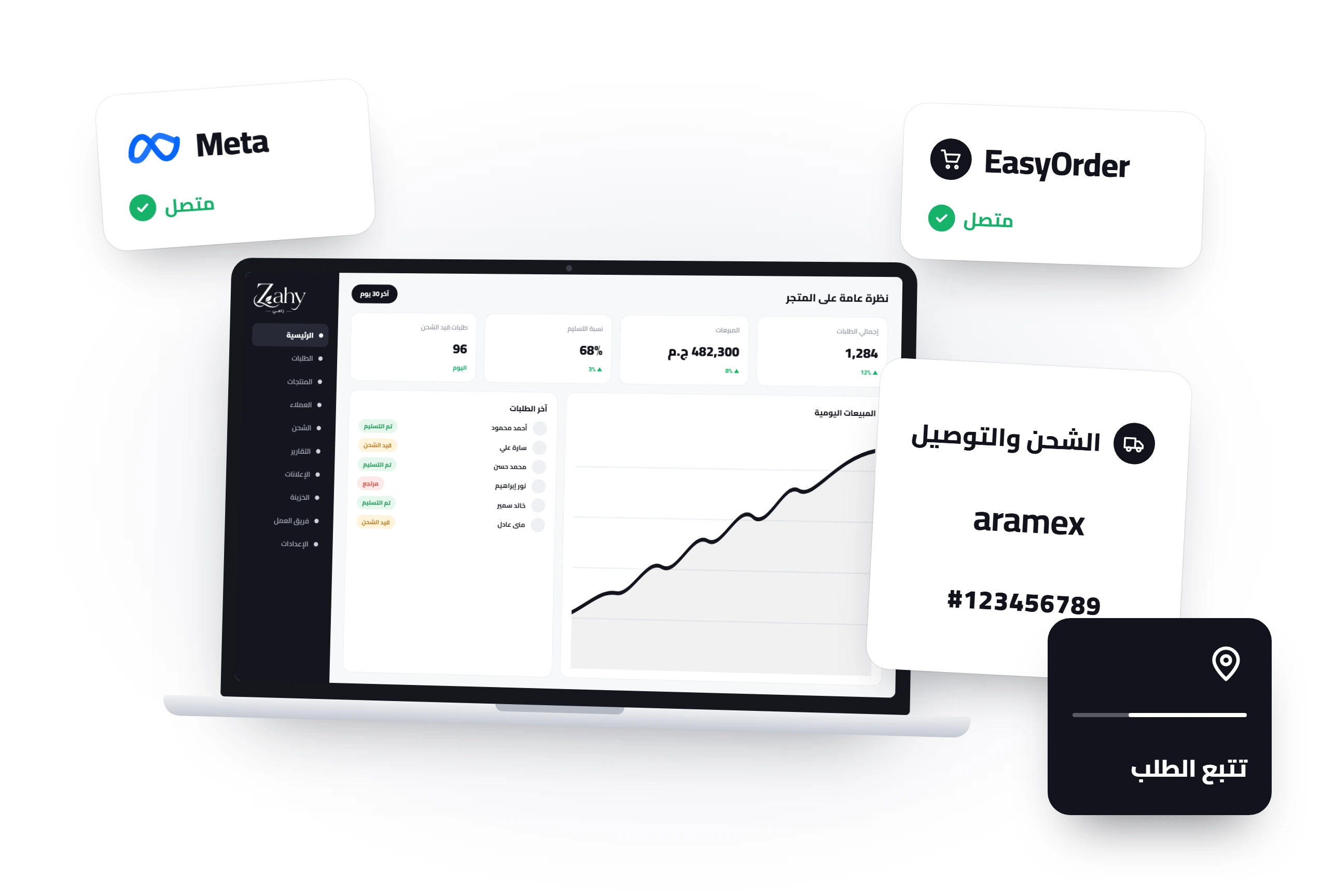 ربط Zahy مع Meta و EasyOrder وشركات الشحن
